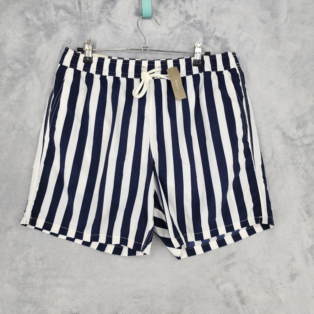J.Crew Swim Trunks Mens Size Medium Navy Blue Striped Drawstring Waist Lined NWT